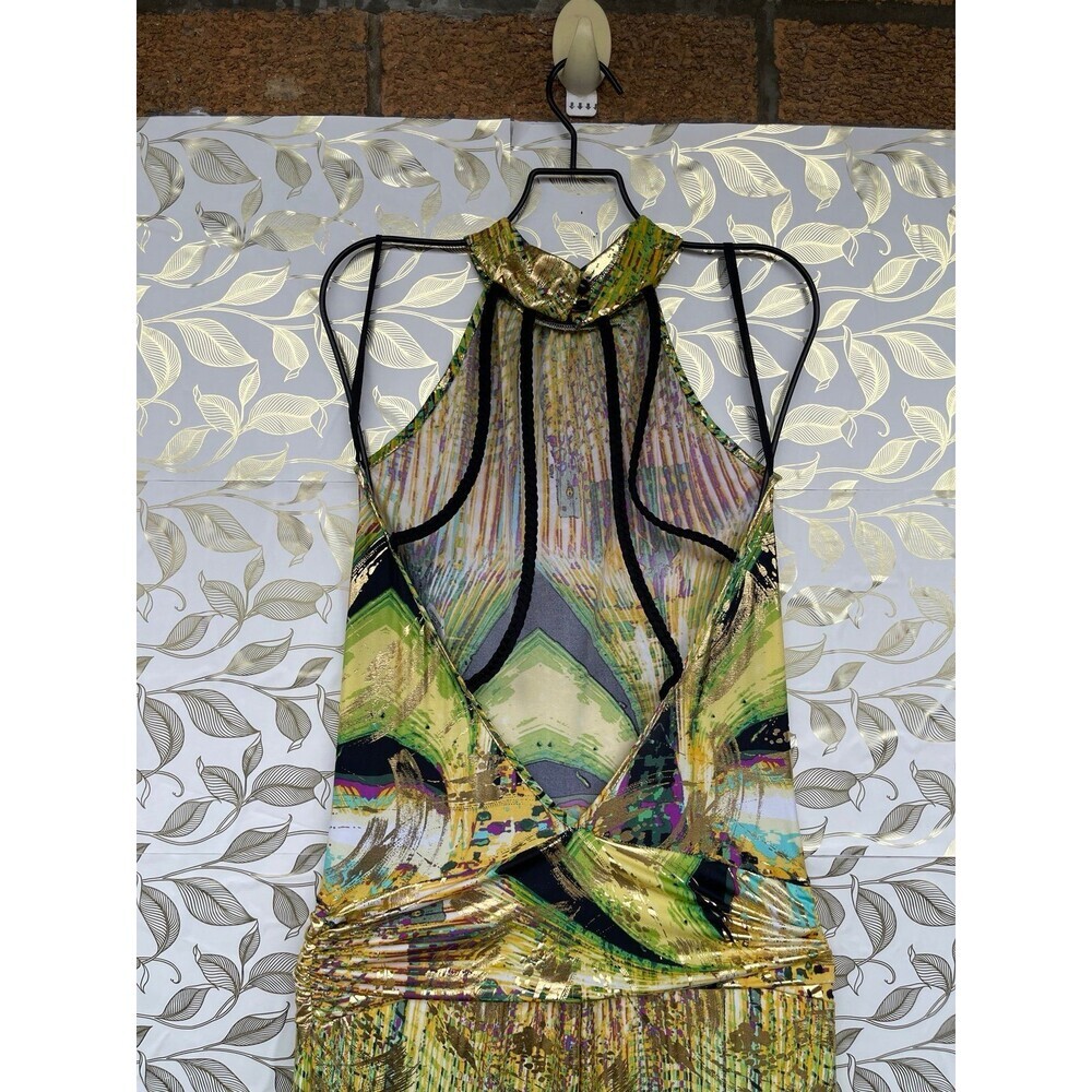 VavaVoom Gold Metallic Halter Jumpsuit Green Y2K Cyber Glam Wide Leg Open Back M - Picture 7 of 11